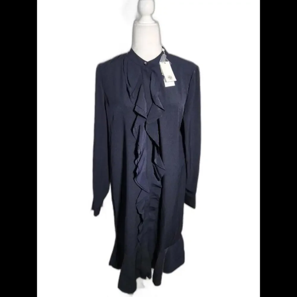 (31) Tory Burch jane ruffled crepe de chine shirt dress in navy, size 10